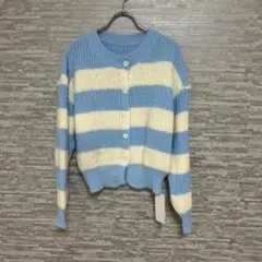 ✨デイジー ボーダー モヘア風 ニットカーディガン Mサイズ　水色　白