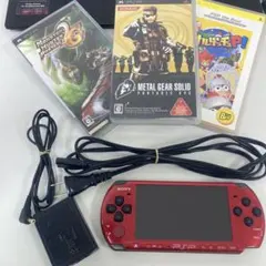 SONY PSP レッド 本体 ACアダプター ゲーム3本付き