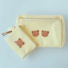 くまちゃん アップリケ おむつポーチ イエロー ストライプ トラベルポーチ