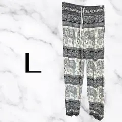 美品✨エスニック柄 象柄 ステテコ ルームウェア パンツ 薄手　総ゴム　白黒　L