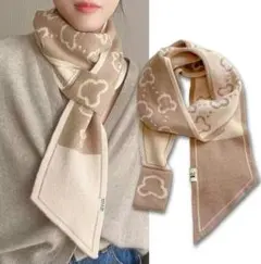 ☆マフラー ニット スカーフ 上品 秋冬 くま 熊 ホワイト×ベージュ