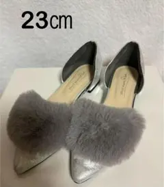 【JELLY BEANS】シルバー ファー付き フラットシューズ 23cm