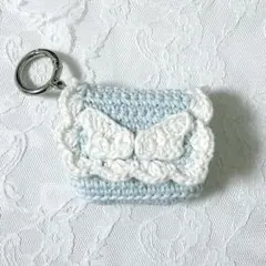 天使の羽ミニポーチキーホルダー　ブルー　編み物　カラビナ付 AirPodsケース