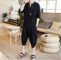 リネン セットアップ 半袖シャツ 7分丈パンツ ルームウェア 黒 ブラックO