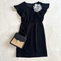 レイビームス　フリル袖ワンピースドレス　ブラック 結婚式　セレモニー　Sサイズ