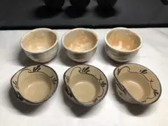 陶芸杯6点。湯飲み セット。手造。唐津風、萩焼。美品。茶道具。昭和時代。未使用。