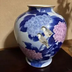 磁器 花瓶 壺 紫陽花 小鳥 縁金彩のサムネイル