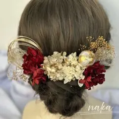 レッド&ホワイトゴールド　ドライフラワー　髪飾り　成人式　卒業式　結婚式　袴
