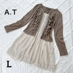 Ａ.Ｔ/シャツワンピース/長袖/胸元フリル/透け感/ベージュ/コットン/L