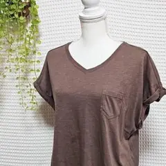 ☆ Leahmatin Ｖネック ポケット フレンチスリーブ Tシャツ ブラウン