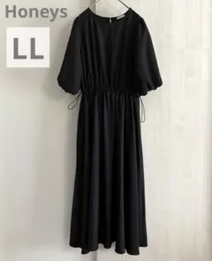 Honeys ドロスト使いワンピース LL ブラック バルーンスリーブ 半袖