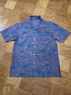 め0751着物リメイク伝統藍染​木綿鉄紺疋田総絞蔓撫子文アロハシャツ