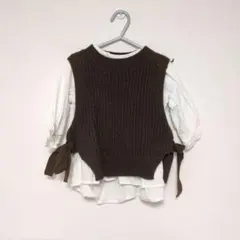 petit main ブラウン レイヤード トップス S