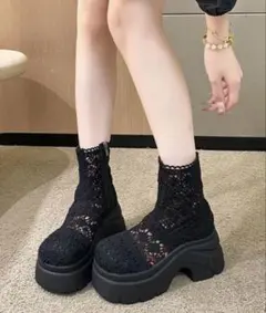 sibra 8cm 厚底　透かし編みレースブーツ　夏用　23.5cm ブラックのサムネイル