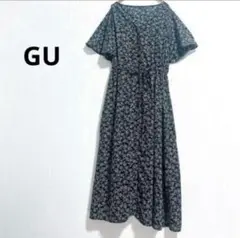 GU ジーユー　フレアロングワンピース　黒　Aライン　【S】　総柄　小花柄　花柄