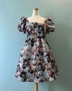猫柄パフスリーブワンピース