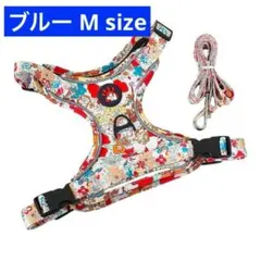 【犬用ハーネス】青プリント リード付き 小型犬中型犬用 Mサイズ