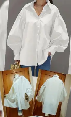 レディース/オーバーサイズ・ランタンスリーブブラウス/シャツ【白・２ＸＬ】新品