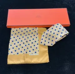 【箱付】エルメス ネクタイ＆ポケットチーフ セット ドット柄 イエロー