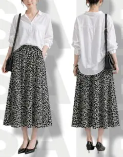 レオパード柄 ロングスカート ヒョウ柄 フレアスカート 白黒 モノトーン