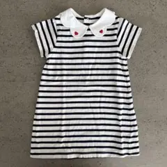 【美品】jacadi ハート刺繍スカラップ襟付き ボーダーワンピース96cm