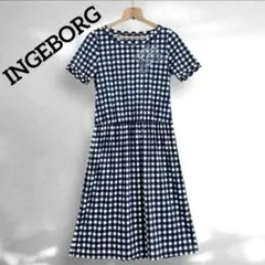 INGEBORG ギンガムチェック カメリアモチーフ ワンピース 半袖 Mサイズ