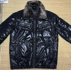 Y2K ファーダウンジャケット グランジ平 成ネオギャル男 お兄系光沢ブラック黒