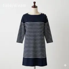 Field/dream ボーダーワンピース 肩ボタン L ネイビー マリン 古着のサムネイル