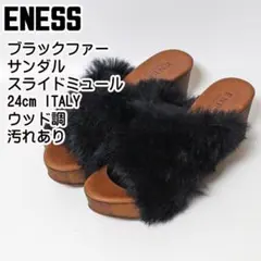 ✅ENESS ブラックファー スライドミュール サンダル 38 Italyのサムネイル