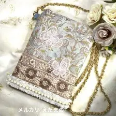 スマホショルダー スマホポシェット サコッシュ インド刺繍生地 くすみカラー 蝶