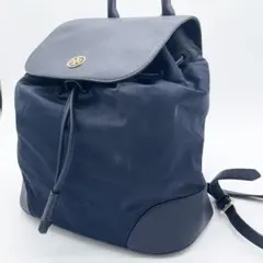 【良品】トリーバーチ　巾着　リュック　ナイロン　レザー　紺系　ゴールド金具のサムネイル
