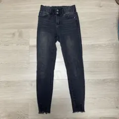 スキニーデニム ゴムウエスト フリンジ裾