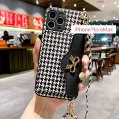 iPhone11proMaxスマホケース千鳥格子★カードケース付ショルダー
