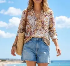 美品 ザラ ZARA BASIC ペイズリーシャツブラウス スカーフ 綿100%のサムネイル