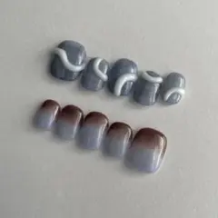 【no.58】ネイルチップ　ベリーショート　ブルー×ブラウン　ぷっくり　チェック