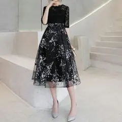 花柄チュールワンピース レース切替 フレア ドレス 黒 結婚式 パーティー M