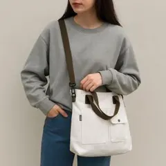 A4対応キャンバス2WAYショルダートートバッグ 白×カーキ マグネットボタン