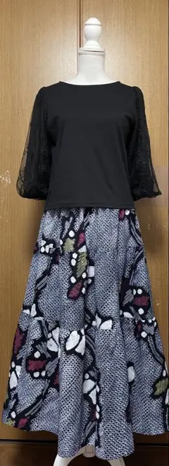 着物リメイク 新品 藍本染め浴衣フレアロングワンピ＊トートバッグ