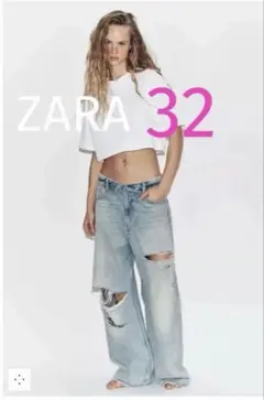 ZARA TRF ミッドライズ折り返しウエストデニムパンツ 32
