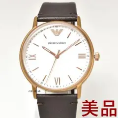 中古 美品 エンポリオ・アルマーニ 腕時計 ホワイト×ローズゴールド ブラウン革
