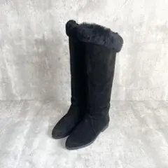 ブラック ロングブーツ【23】黒 ファー付き 上品 美脚 スエード
