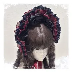 手作りゴスロリ赤色バラ付きレースフリルリボンハーフボンネットBlack•red