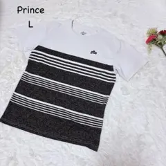 プリンス【L】ストライプTシャツ ロゴ刺繍　バイカラー　洗える　カジュアル