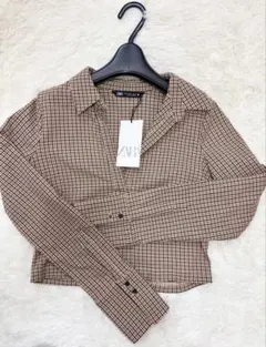【新品・未使用】ZARA チェック柄 クロップド長袖シャツ