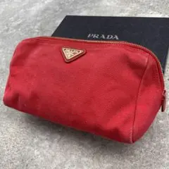 【美品】PRADA プラダ　ポーチ　キャンバス　レッド　三角ロゴ　赤のサムネイル