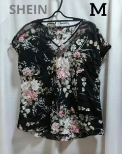 SHEIN 花柄シアーブラウス ボタニカル柄 メッシュ Vネック 黒 M相当