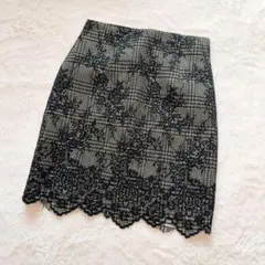 【ザラベーシック ZARA】 ボタニカル レース ＆ 千鳥格子 タイトスカート