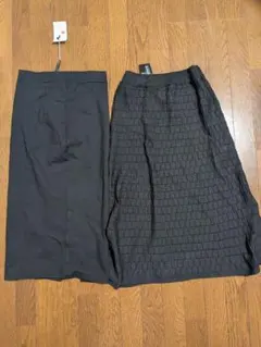 【2点セット】ロングスカート 黒（スリット入りタイト ＆ 凹凸チェック柄フレア）