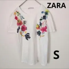 ​ZARA ザラ 花柄 Tシャツ カットソー 半袖 白 ホワイト Sサイズのサムネイル
