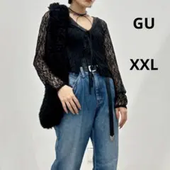 【未使用品】GU 蕾絲緞帶針織衫 長袖 輕透感 黑色 XXL
